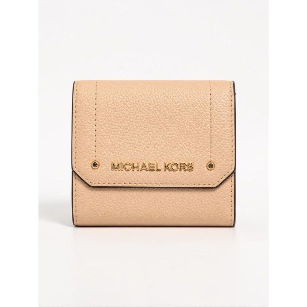 Michael Kors Hayes Trifold Wallet Pebbled Leather Beige Compact Snap Wallet